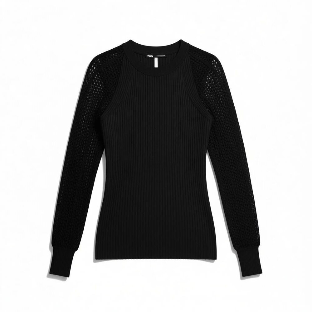 ME+EM Black Rib Knit Sweater Lace Sleeves Slim Fit Top Size Small crew neck